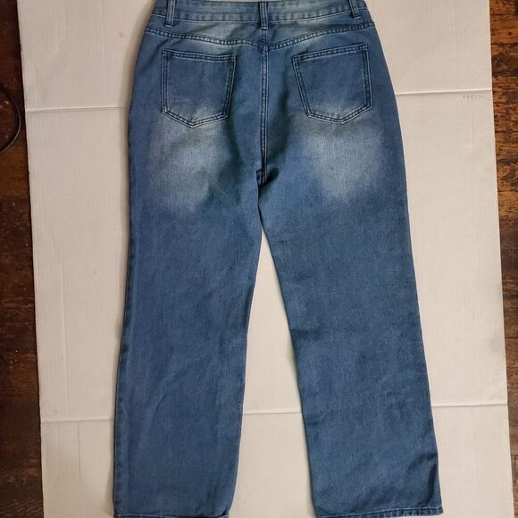 Washed Heart Pattern Cargo Jeans, Slash Pocket Whiskering Low Rise Loose L(8/10) - Picture 6 of 6